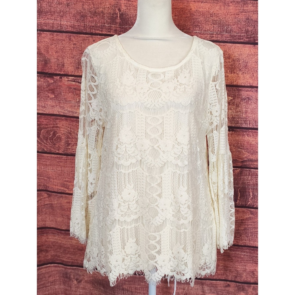 Charter Club Women Medium Ivory Sheer Lace Bell Sleeve Blouse fairy bridal whims